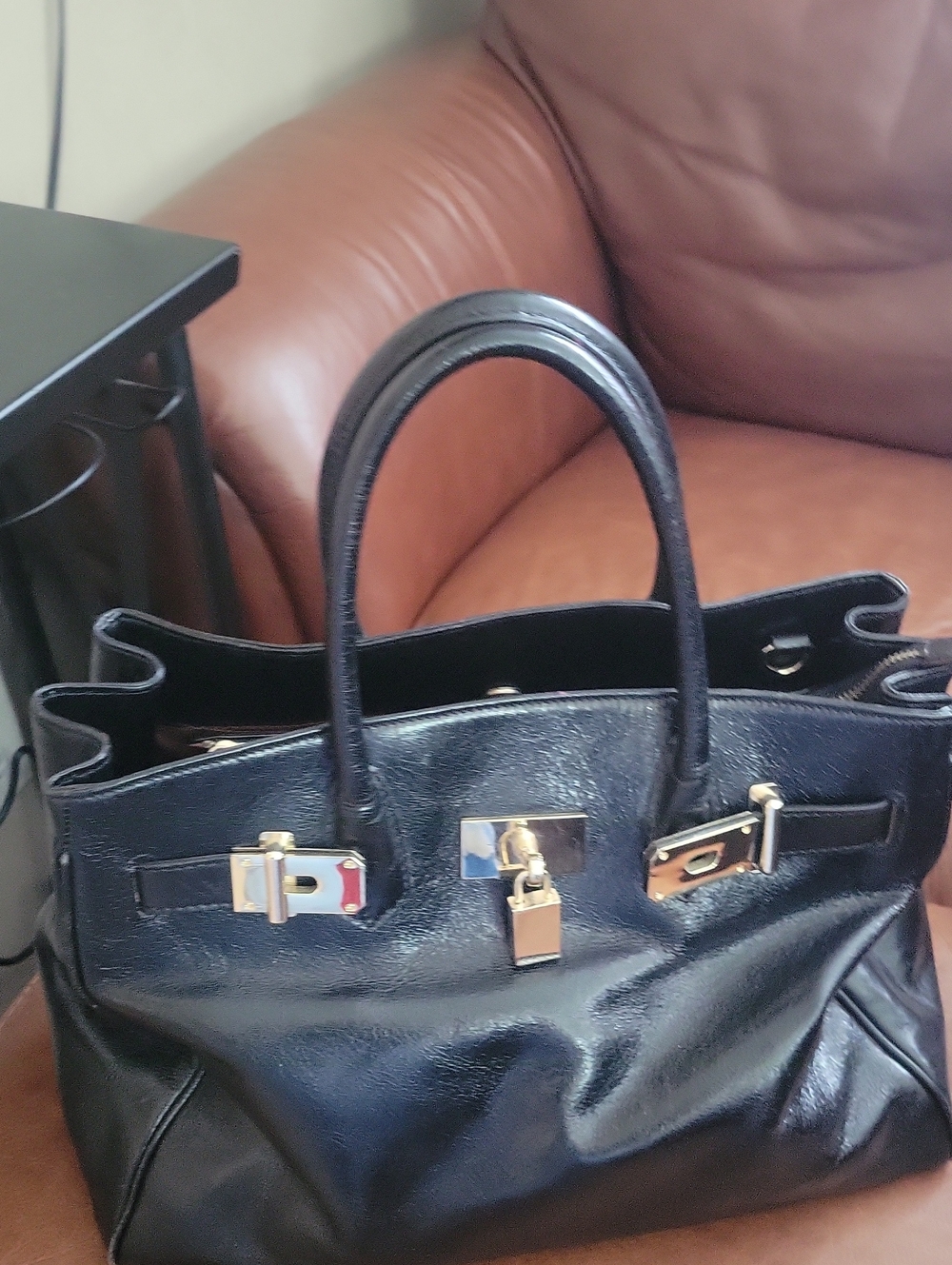 Black Leather Top-Handle Tote Bag with Gold Hardware
